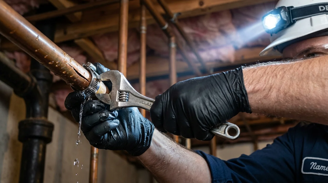 Emergency pipe clamp repair being performed by a Johns Plumbing LLC plumber in Brownsville