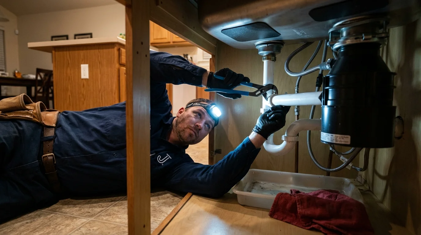 P-trap and supply line connections under a kitchen sink showing a common leak point in Brownsville, TX
